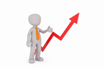 3d man red arrow success chart on white background.