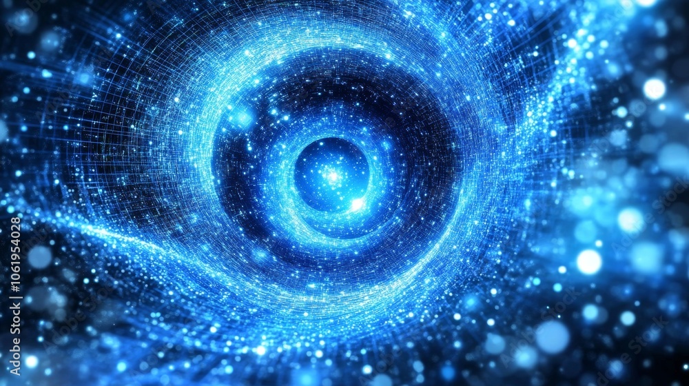 Poster glowing blue digital data flow with cyber particles - technology concept background