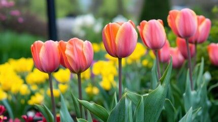 Spring flower garden in full bloom with vibrant colors and green foliage on white