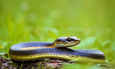 Obraz premium Close up of a snake slithering through green spring grass in a flowering meadow.