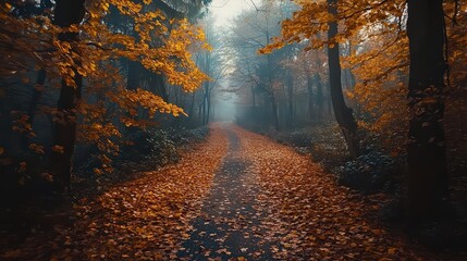  Quiet forest path blanketed in orange autumn leaves, surrounded by trees in vibrant fall colors. Misty atmosphere adds a sense of calm and mystery.