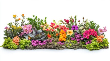 Spring garden scene with a mix of vibrant flowers isolated on white