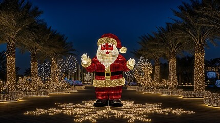 Festive Illuminated Santa Claus Statue with Decorative Lights in Park : Generative AI