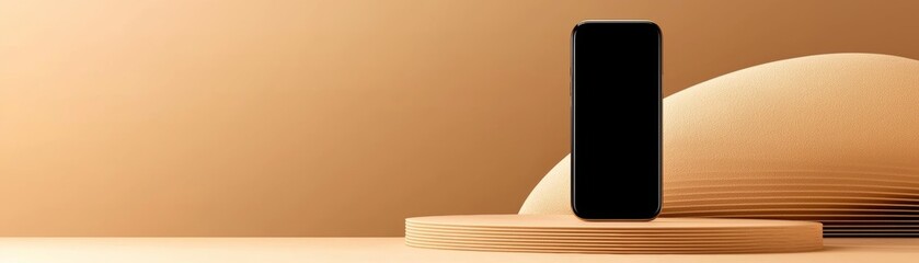A sleek smartphone stands on a wooden surface against a warm, minimalist background, showcasing modern design and sophistication.