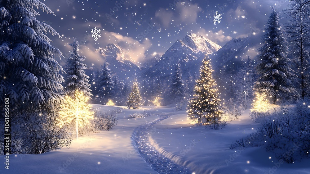 Poster majestic winter wonderland with snowfall and illuminated pine forest : generative ai