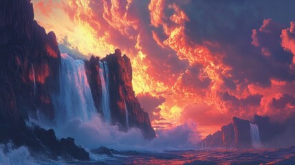 Fototapeta premium Majestic Waterfalls Under Vibrant Sunset Skies