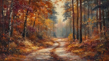 Obraz premium Peaceful forest path covered in fallen leaves in shades of amber, gold, and crimson, winding through tall trees with remaining autumn colors, serene and scenic fall scene.