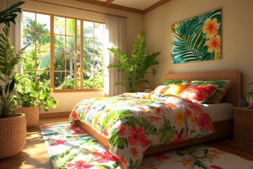 Tropical Bedroom Interior Design with Wicker Headboard and Floral Bedding