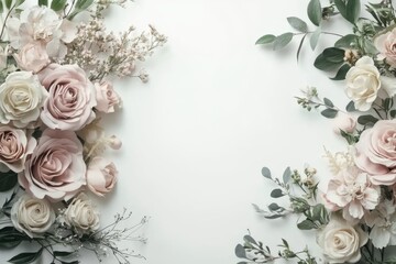 Floral Border with White Roses and Eucalyptus Leaves on White Background