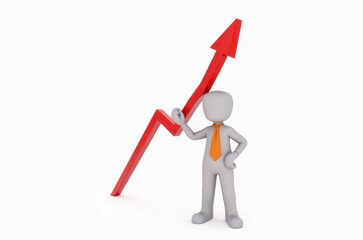 3d man red arrow success chart on white background.