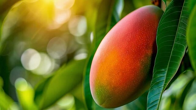 ripe mango  hangs from  a tree branch
