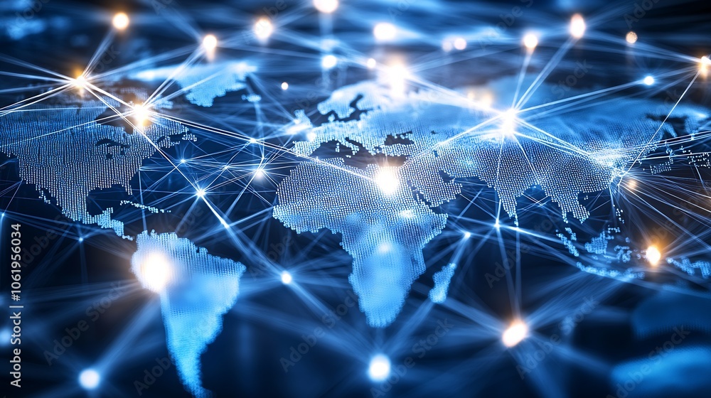 Poster High-Tech Digital World Map Network with Glowing Connections and Cybersecurity Themes : Generative AI