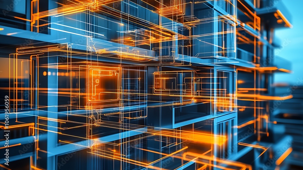 Poster Futuristic blue and orange digital architecture with glowing lines and grids : Generative AI