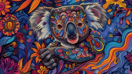 Fototapeta premium Colorful psychedelic koala in vibrant floral jungle art,,Australia day