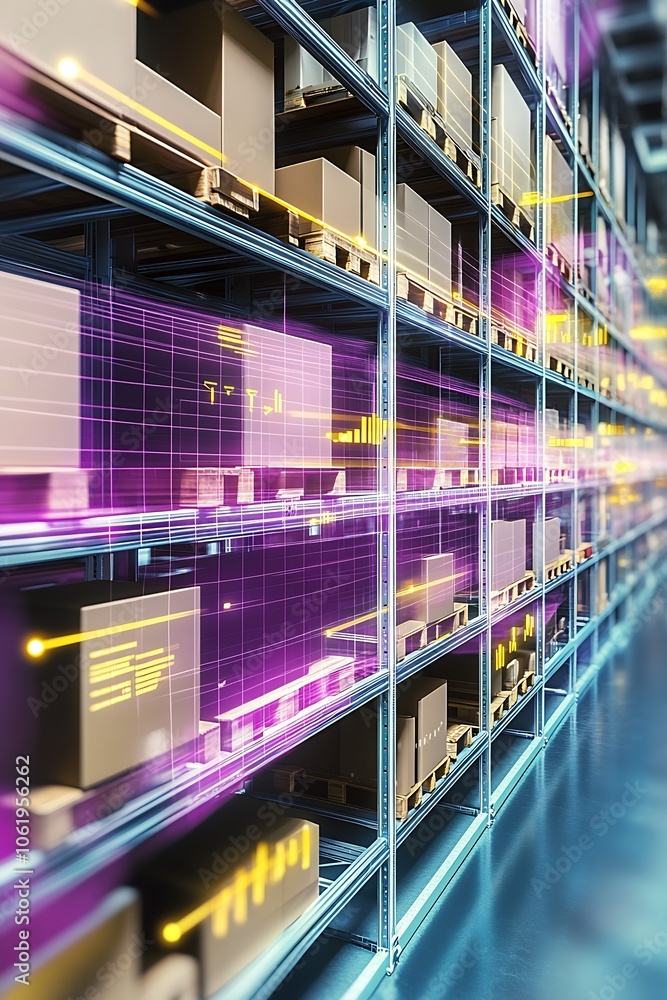 Poster futuristic warehouse with digital display and inventory management : generative ai
