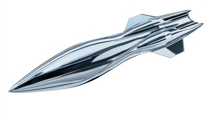 Streamlined missile with control fins and metallic finish, capturing a futuristic look, isolated on white background