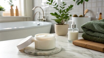 A modern bathroom countertop with a glass jar of cream, a towel and a soap dispenser on a marble surface. A green plant in a ceramic pot adds freshness to a bright and clean environment, reflecting th