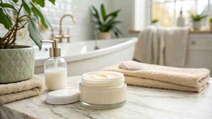 A modern bathroom countertop with a glass jar of cream, a towel and a soap dispenser on a marble surface. A green plant in a ceramic pot adds freshness to a bright and clean environment, reflecting th