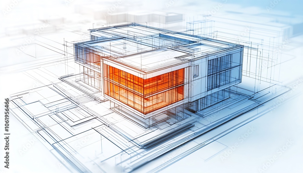 Poster Innovative Architectural Building Design Sketch with Modern Blueprint Elements : Generative AI