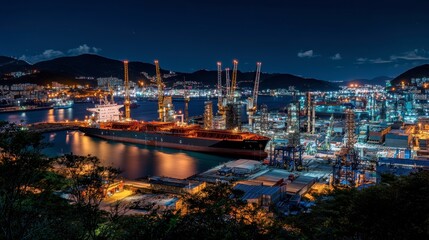 Obraz premium Night View of Industrial Port with Ships and Cranes