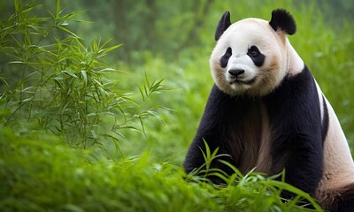 Obraz premium Portrait of a cute panda. Close-up of a panda relaxing against a blooming jungle backdrop
