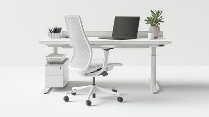  Stylish office desk setup on white backdrop, featuring clean-lined white desk with slim laptop, cup of pens, and potted succulent, organized and modern.