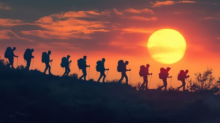 Fototapeta premium Group silhouetted along ridge during sunrise hike, walking against warm glow of rising sun, beautiful and serene scene celebrating nature and adventure.