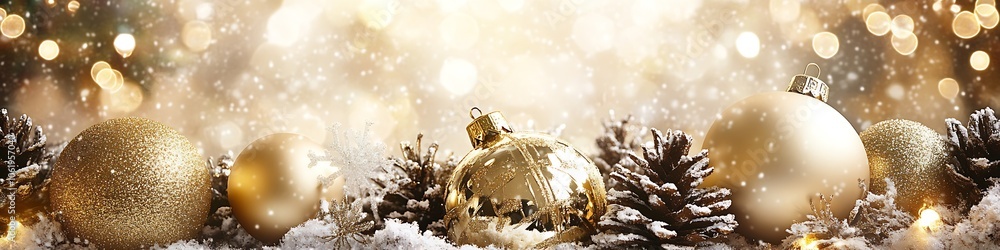 Poster golden christmas ornaments and pine cones in snow with bokeh light background : generative ai