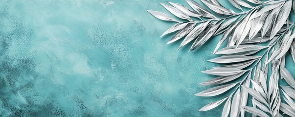 Feuilles de palmier blanches sur fond turquoise texturé, composition minimaliste tropicale.