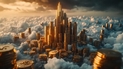  Fantasy-like cityscape made of gold coins rising above clouds, symbolizing wealth, success, and aspirations of a prosperous financial future.