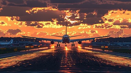 Airplane Landing at Sunset on Wet Runway with Stunning Orange Sky : Generative AI