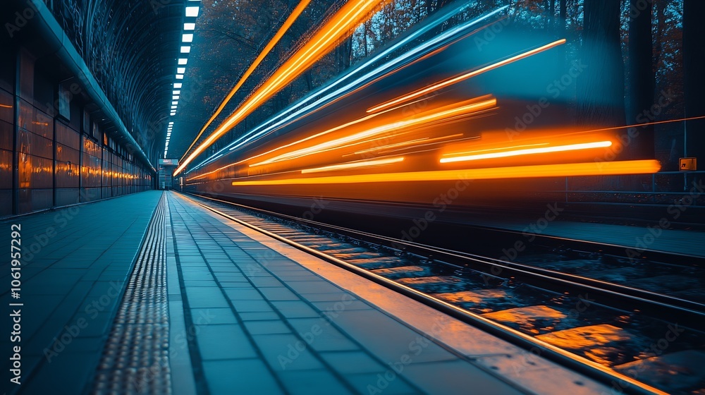 Poster vibrant speeding train through futuristic urban railway station at twilight : generative ai