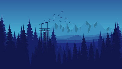 Obraz premium nature blue mountain landscape with forest jungle silhouette vector illustration design good for wallpaper, advertising, ads, background, and business