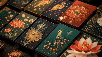  Intricately designed cards with floral and peacock motifs, showcasing artistic, vibrant illustrations inspired by traditional and cultural themes.