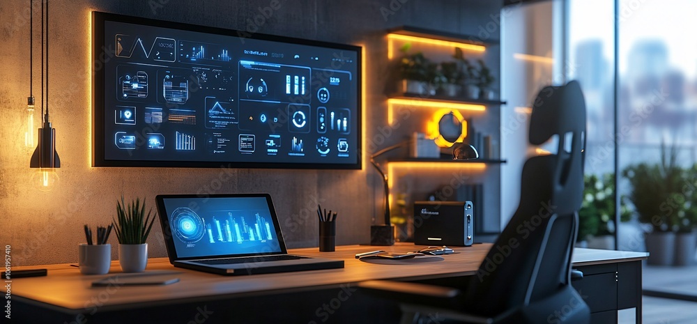 Aufkleber Modern workspace with a large screen displaying data visualizations.