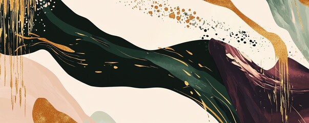 Art abstrait contemporain avec vagues et éclaboussures en vert foncé et or.