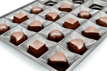 Chocolate candies of different shapes and with various fillings are in a box.
