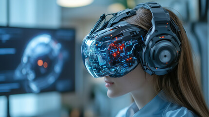 woman wearing futuristic virtual reality headset explores digital landscapes, showcasing integration of technology and human experience in digital transformation era