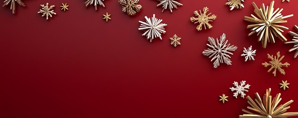 D&eacute;corations de No&euml;l modernes avec flocons et &eacute;toiles or et blancs sur fond rouge.