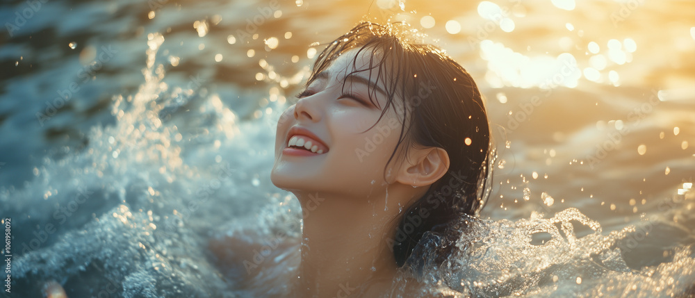 Aufkleber joyful woman emerges from water, her face illuminated by warm glow of setting sun, creating serene a