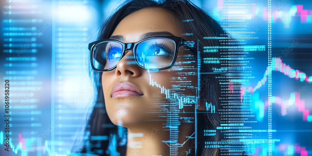 Poster focused female programmer in glasses surrounded by digital data and graphs, reflecting determination and innovation in technology