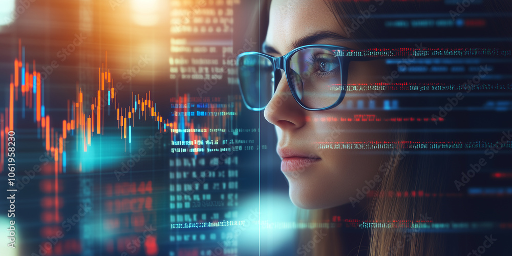 Leinwandbilder focused female programmer in glasses surrounded by code and data visualizations, reflecting concentration and technology