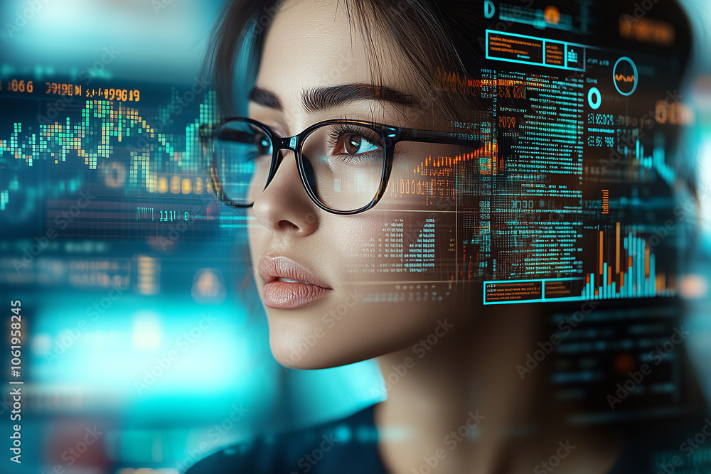 Poster focused female programmer in glasses surrounded by code and data visualizations, deeply engaged in her work