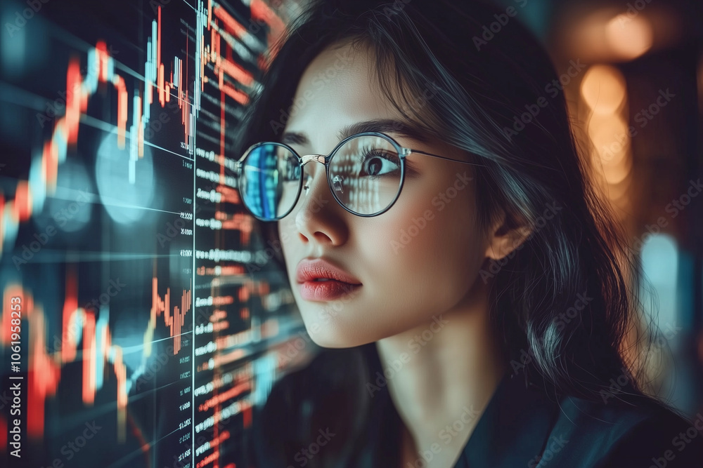 Poster focused female programmer in glasses analyzes data on digital screen, surrounded by glowing charts and graphs, reflecting high tech environment