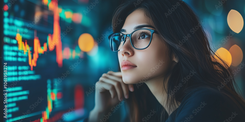 Poster focused female programmer in glasses is surrounded by computer screens displaying code and data, highlighting her concentration and expertise in tech environment
