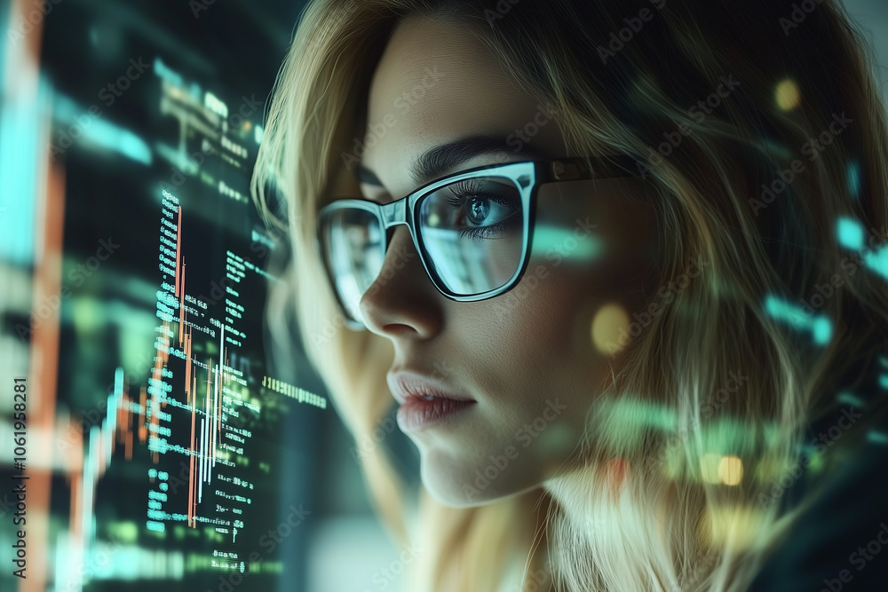 Poster focused female programmer in glasses surrounded by code and data visualizations