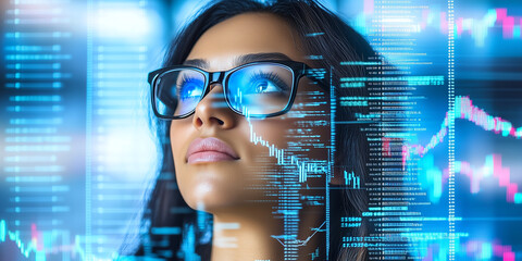 focused female programmer in glasses surrounded by digital data and graphs, reflecting determination and innovation in technology