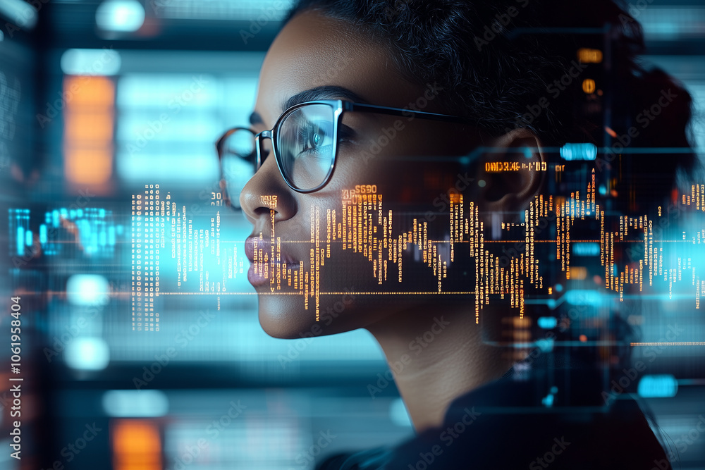 Poster focused female programmer in glasses surrounded by code and data visualizations, deeply engaged in her work