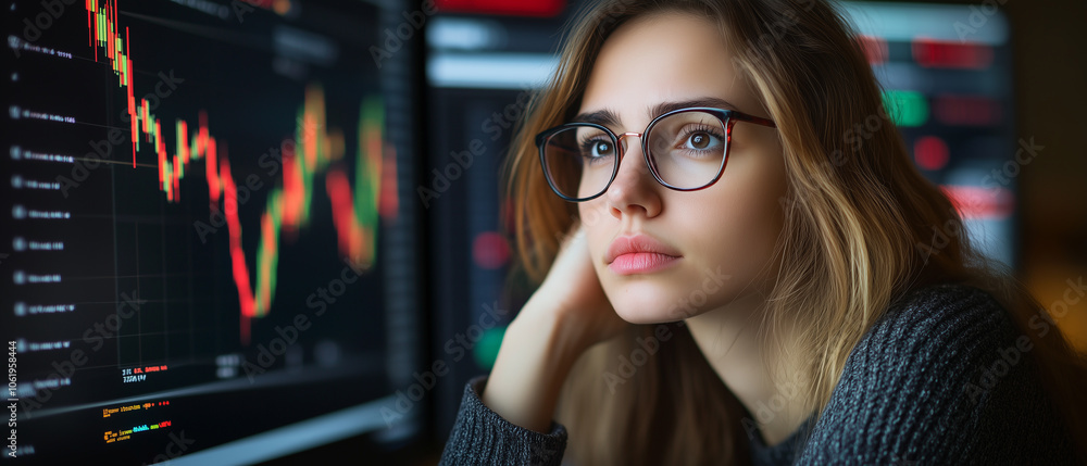Poster focused female programmer in glasses is surrounded by computer screens displaying data charts, deeply engaged in her work