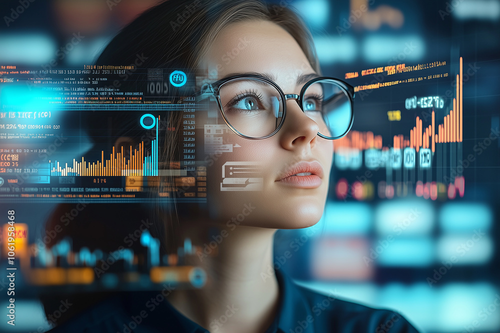 Aufkleber focused female programmer in glasses analyzes data on digital screens, surrounded by code and graphs, reflecting high tech environment